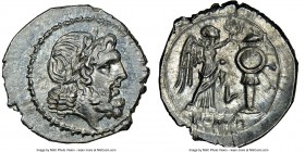 Anonymous. Ca. 211-208 BC. AR victoriatus (19mm, 3.17 gm, 9h). NGC MS 4/5 - 4/5. Luceria. Laureate head of Jupiter right, bead-and-reel border / Victo...