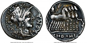 Cn. Domitius Ahenobarbus (ca. 116-115 BC). AR denarius (20mm, 3h). NGC VF. Rome. ROMA, head of Roma right, wearing winged helmet decorated with griffi...
