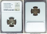 L. Scribonius Libo (ca. 62 BC). AR denarius (18mm, 3.94 gm, 7h). NGC XF 5/5 - 3/5. Rome. LIBO-BON•EVENT, diademed head of Bonus Eventus right; dotted ...