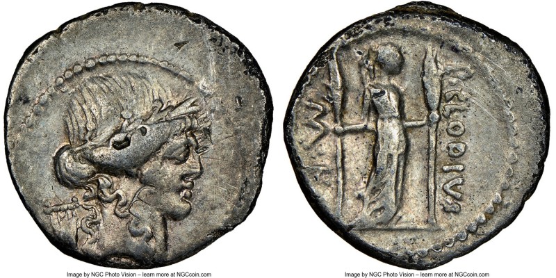 P. Clodius M.f. Turrinus (ca. 42 BC). AR denarius (20mm, 8h). NGC VF, bankers ma...