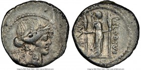 P. Clodius M.f. Turrinus (ca. 42 BC). AR denarius (20mm, 8h). NGC VF, bankers marks, scratches. Rome. Laureate head of Apollo right; lyre behind, dott...