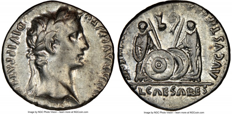 Augustus (27 BC-AD 14). AR denarius (17mm, 6h). NGC XF. Lugdunum, 2 BC-AD 4. CAE...