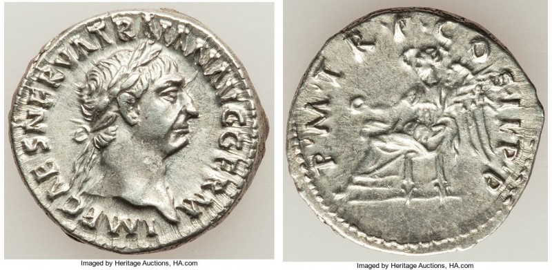 Trajan (AD 98-117). AR denarius (18mm, 3.29 gm, 6h). AU. Rome, AD 98-99. IMP CAE...