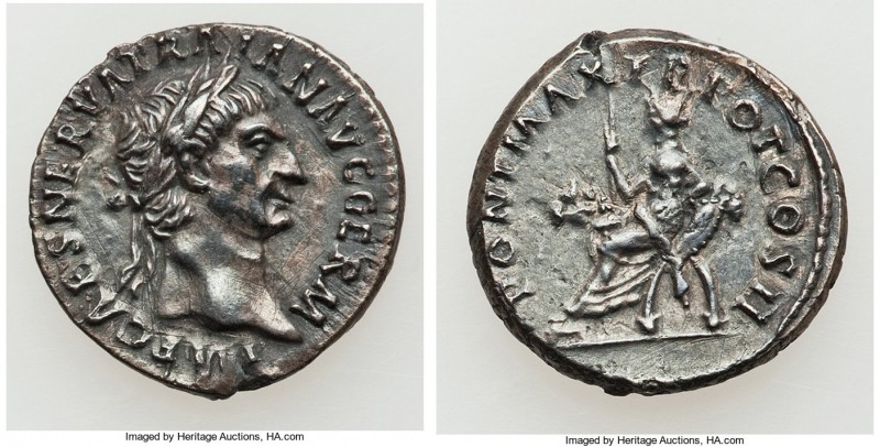 Trajan (AD 98-117). AR denarius (18mm, 3.28 gm, 12h). AU, smoothing. Rome, AD 98...
