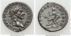 Trajan (AD 98-117). AR denarius (18mm, 3.28 gm, 12h). AU, smoothing. Rome, AD 98-99. IMP CAES NERVA TRAIAN AVG GERM, laureate head of Trajan right, ae...