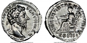 Marcus Aurelius (AD 161-180). AR denarius (19mm, 2.97 gm, 1h). NGC AU 4/5 - 4/5. Rome, February-December AD 168. M ANTONINVS AVG ARM-PARTH MAX, laurea...