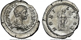 Geta, as Caesar (AD 209-211). AR denarius (20mm, 2.89 gm, 7h). NGC XF 3/5 - 3/5. Rome. P SEPT GETA-CAES PONT, bareheaded, draped bust of Geta right, s...