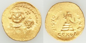 Heraclius (AD 610-641), and Heraclius Constantine. AV solidus (21mm, 4.46 gm, 6h). Choice VF. Constantinople, 5th officina, ca. AD 616-625. dd NN hЄRA...