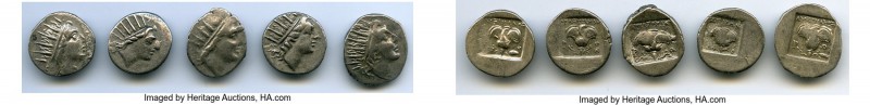 ANCIENT LOTS. Greek. Carian Islands. Rhodes. Ca. 88-84 BC. Lot of five (5) AR dr...