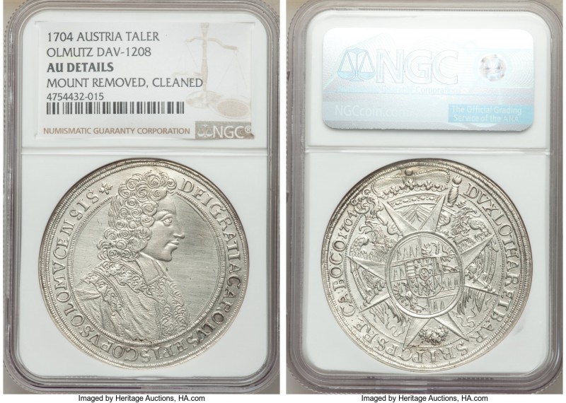 Olmutz. Karl III Josef Taler 1704 AU Details (Mount Removed, Cleaned) NGC, KM362...