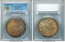 Charles IV 8 Reales 1808 PTS-PJ MS62 PCGS, Potosi mint, KM73. Luster subdued by luminescent golden toning and teal peripheries. 

HID09801242017

© 20...