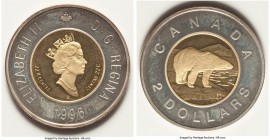 Elizabeth II bi-metallic silver & gold Proof 2 Dollars 1996, Royal Canadian mint, KM270a. 27.9mm. 11.41gm. Bi-metallic silver and gold with 6.2679 gm ...