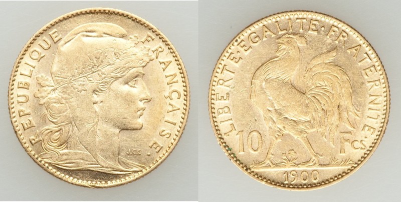 Republic gold 10 Francs 1900 AU, Paris mint, KM846. 18.8mm. 3.23gm. AGW 0.0933 o...