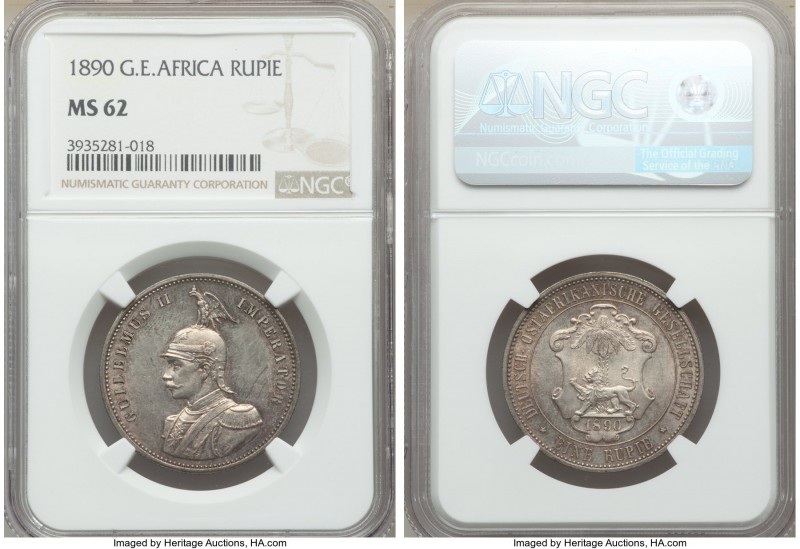German Colony. Wilhelm II Rupie 1890 MS62 NGC, KM2. Cartwheel reflectivity and s...