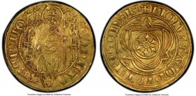 Mainz. Konrad II von Weinsberg gold Goldgulden ND (1390-1396) AU55 PCGS, Bingen mint, Fr-1610. 3.49gm. o CORΛD o | ΛRЄP' ‡ o MO, archbishop seated on ...