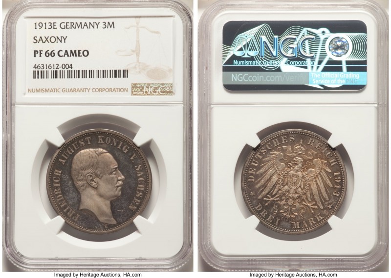 Saxony. Friedrich August III Proof 3 Mark 1913-E PR66 Cameo NGC, Muldenhutten mi...