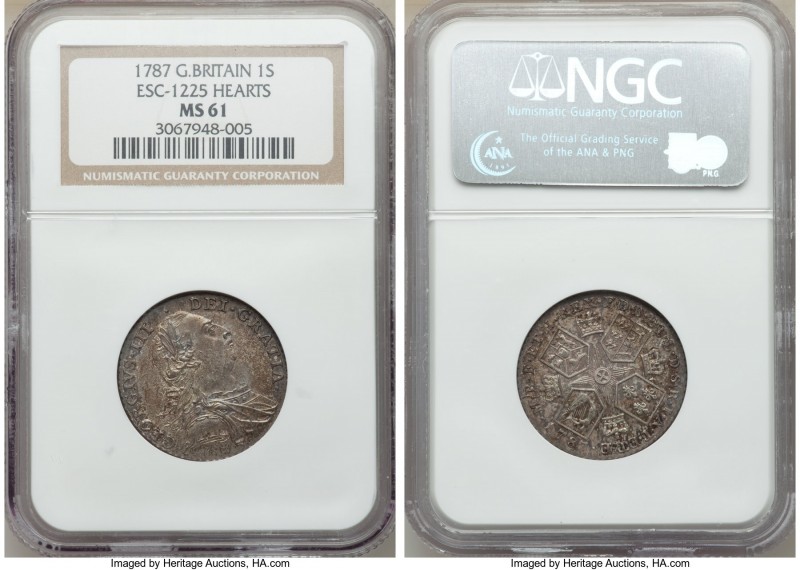 George III Shilling 1787 MS61 NGC, KM607.2. With hearts in Hanoverian shield. 

...