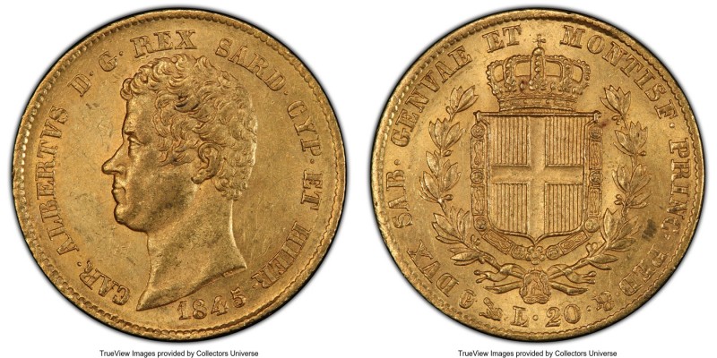 Sardinia. Carlo Alberto gold 20 Lire 1845 (Anchor)-P AU58 PCGS, Genoa mint, KM13...