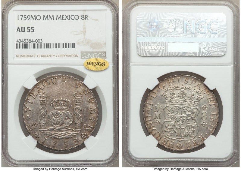 Ferdinand VI 8 Reales 1759 Mo-MM AU55 NGC, Mexico City mint, KM104.2. With the g...