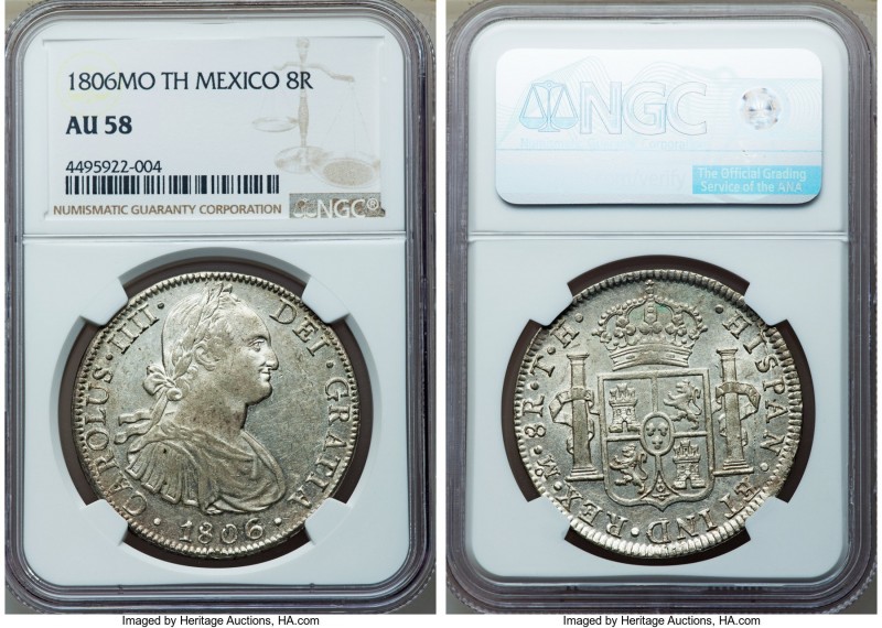 Charles IV 8 Reales 1806 Mo-TH AU58 NGC, Mexico City mint, KM109. Bright, origin...