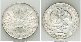 Republic 8 Reales 1875 Go-FR AU, Guanajuato mint, KM377.8. 39.0mm. 26.96gm. A peculiar and seemingly unpublished variant with a small circle with dot ...