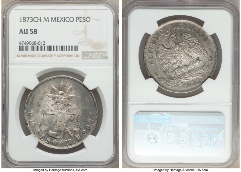 Republic Peso 1873 CH-M AU58 NGC, Chihuahua mint, KM408. Beautiful gunmetal pati...