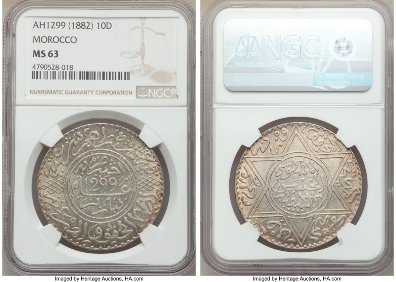 Moulay al-Hasan I 10 Dirhams (Rial) AH 1299 (1882) MS63 NGC, Paris mint, KM-Y8. ...