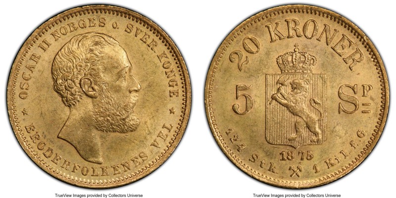 Oscar II gold 20 Kroner (5 Speciedaler) 1875 MS64 PCGS, Kongsberg mint, KM348. T...