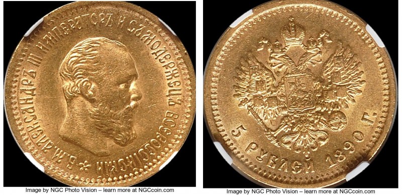 Alexander III gold 5 Roubles 1890-AГ MS62 NGC, St. Petersburg mint, KM-Y42.

HID...