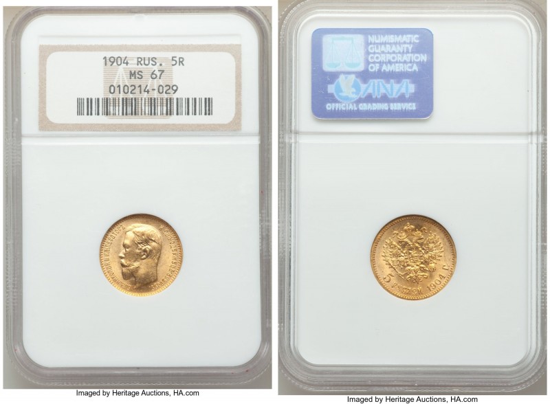 Nicholas II gold 5 Roubles 1904-AP MS67 NGC, St. Petersburg mint, KM-Y62. A high...