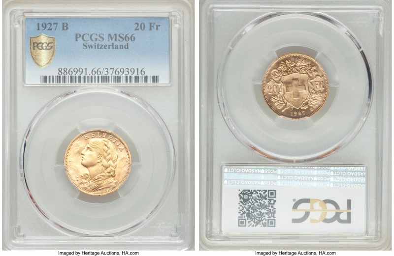 Confederation gold 20 Francs 1927-B MS66 PCGS, Bern mint, KM35.1. AGW 0.1867 oz....