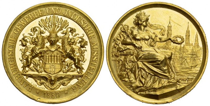 HAMBURGSTADT Goldmedaille zu 10 Dukaten 1889, von Chr. Lauer, auf die Gewerbe- u...