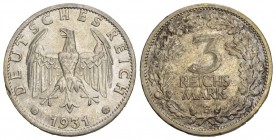 Deutschland Weimarer Republik 1918 - 1933 3 Mark 1931 F Kursmünze, selten in dieser Erhaltung vorzüglich bis unzirkuliert
