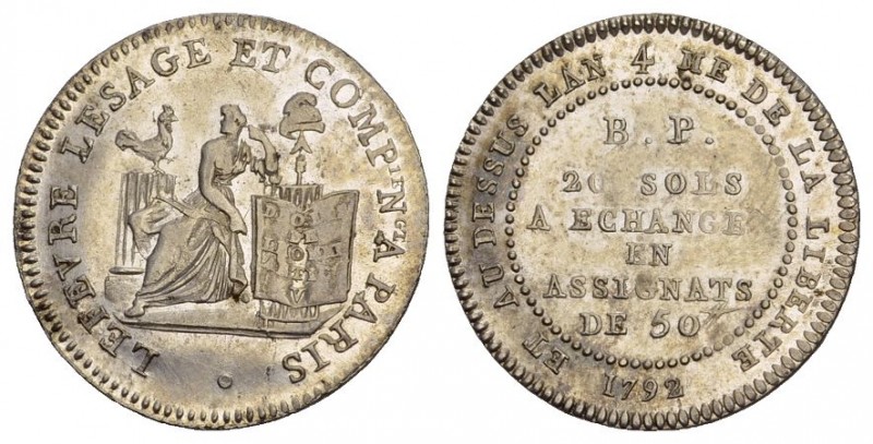 Frankreich 1792 20 Sols Silber 3.1g KM Tn 20 sehr selten in dieser Erhaltung, 
P...