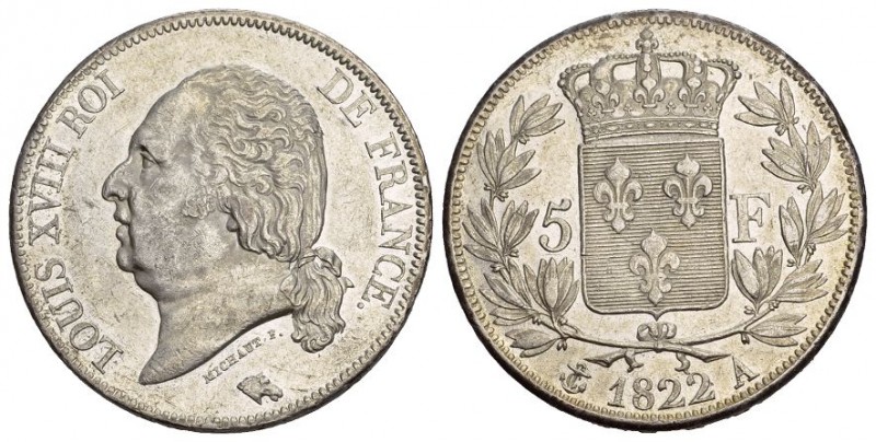France. Louis XVIII. AR 5 Francs 1822 A (24.94 g), Paris. Gad. 614. prächtige Er...