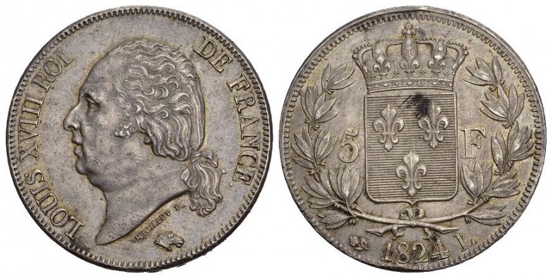 Königreich Louis XVIII. 1814-1824. 5 Francs 1824 L , Lille. 24.97 g. Gadoury 614...