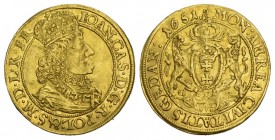 Stadt. Dukat 1651, mit Titel Johann Kasimirs (1649-1668). 3,53 g. Zwei Löwen halten das gekrönte Stadtwappen//Gekröntes Brustbild Johann Kasimirs r. m...