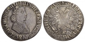 Peter I., 1682 / 1689 - 1725. Poltina 1704. Mzst. Moskau, Roter Münzhof. NOVODEL. 12,6g. 
Bitkin H998 (R2) . dunkle Patina vorzüglich