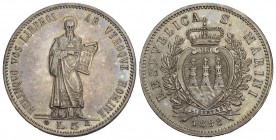 San Marino. 5 Lire, 1898-R. Dav-302, KM-6. Standing figure of saint. Reverse: Crowned arms in wreath. Lustrous with a few hairlines in the fields. Abo...