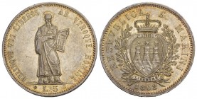 San Marino. 5 Lire, 1898-R. Dav-302, KM-6. Standing figure of saint. Reverse: Crowned arms in wreath. Lustrous with a few hairlines in the fields. Abo...