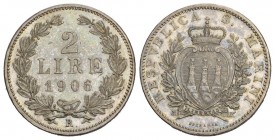 San Marino Republic first coinage (1864-1906) 2 Lire 1906 Rome Ø 27 mm Montenegro 
3. 9.94 g selten unzirkuliert
