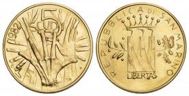 Republik. 5 Scudi 1982 R, Rom. Verteidigung der Freiheit. 13,75 g Feingold. Fb. 25, Schl. 25. GOLD unzirkuliert