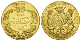 Schweiz / Switzerland / Suisse Bern 4 Dukaten 1701. Gekröntes Berner Wappen, flankiert von einem Löwen und einem Bären. Rv. Sitzende Bärin mit Schrift...