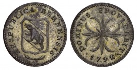 Schweiz / Switzerland / Suisse Bern Kreuzer 1792. Probeprägung. Av. Eckiges Berner Wappen über einem kleinen Kranz.
Rv. Blätterkreuz. 1.08 g. Lohner 1...