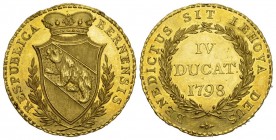 Schweiz / Switzerland / Suisse Bern 4 Dukaten 1798. Av. Gekröntes, spitzes Berner Wappen in einem kleinen Lorbeerkranz.
Rv. Wertangabe "IV DUCAT." und...