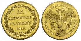Schweiz / Switzerland / Suisse Graubünden, Kanton. 16 Franken (Duplone) 1813. 7.63 g. D.T. 177. HMZ 2-602a. Fr. 265. Sehr selten. Nur 100 Exemplare ge...