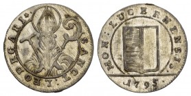 Schweiz / Switzerland / Suisse Luzern Schilling 1795. Einfaches Wappen. Rv. Der heilige Leodegar von vorn. 1,35 g. D.T. 569b. HMZ 2-663d. fast FDC