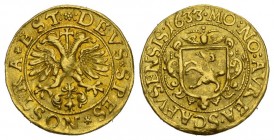 Schweiz / Switzerland / Suisse Schaffhausen Dukat 1633. Verziertes Wappen mit aufgerichtetem Widder, oben Engelsköpfchen, MO: NO: AVREA. SCAFVSENSIS. ...