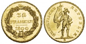 Schweiz / Switzerland / Suisse HELVETISCHE REPUBLIK. 32 Franken 1800, Bern. Stehender Krieger mit Fahne in der rechten Hand. HELVETISCHE REPUBLIK. Unt...