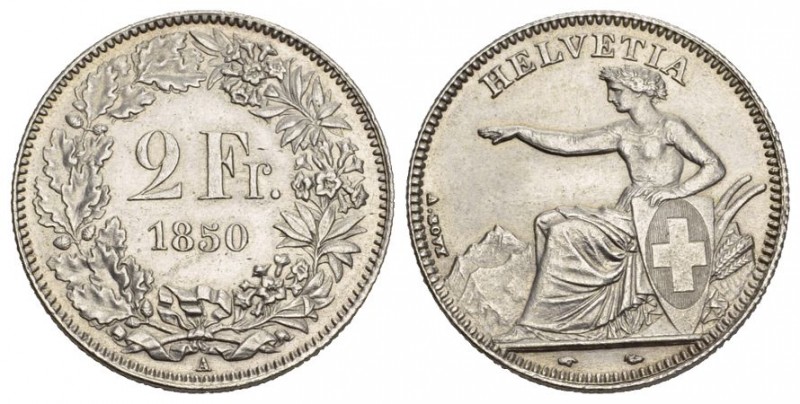 Schweiz / Switzerland / Suisse EIDGENOSSENSCHAFT 2 Franken 1850 A, Paris. Divo 2...